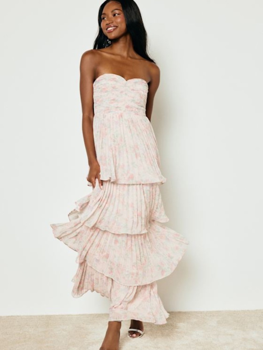 Lulus Seriously Sensational Blush Floral Strapless Tiered Maxi Dress Pink